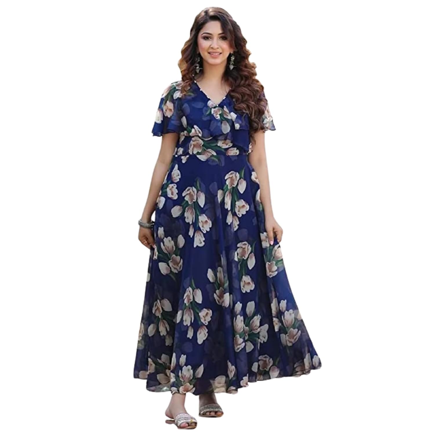 Fashion2wear Women’s Georgette Casual Floral Digital Print Half Sleeve Knee Length Fit and Flare Long Maxi Gown Dress (Flower_Gown)