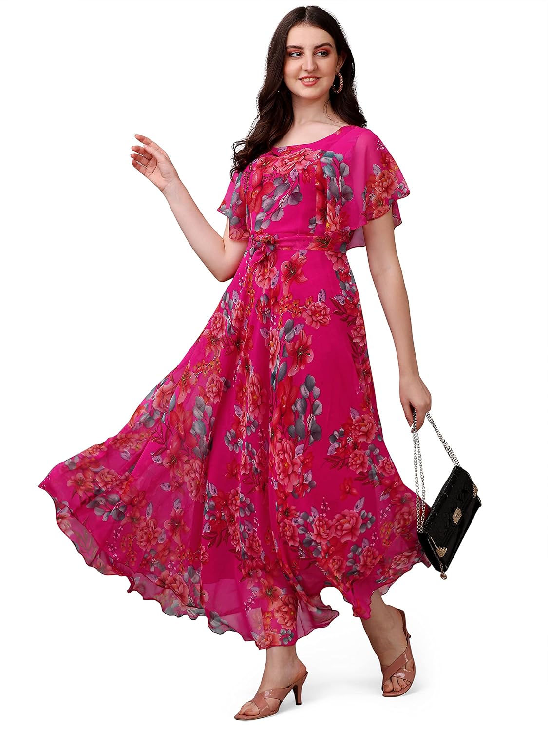 Fashion2wear Women’s Georgette Floral Digital Print Short Sleeve Full-Length Fit & Flare Long Gown Dress for Girls (ET-CYWN-E1LE)