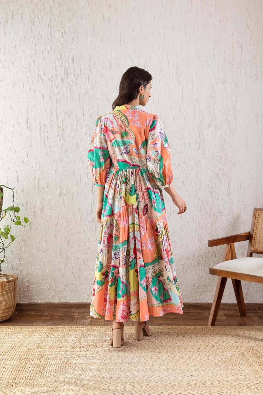 GRECIILOOKS Women's Printed Boho Maxi Dress | Long Flared Style with Full or Puff Sleeves | Ethnic Pattern Gown for Festive, Holiday & Everyday Wear