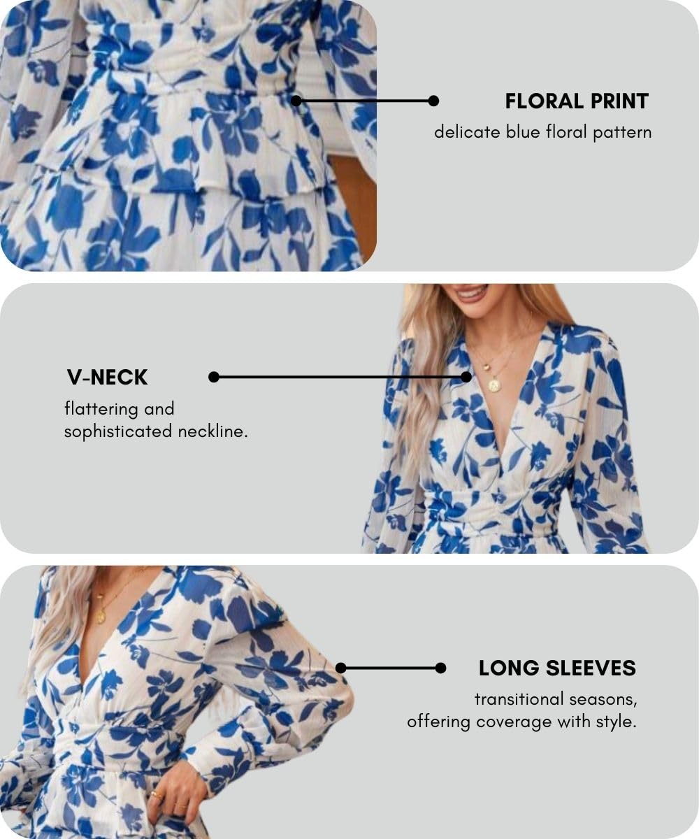 Leriya Fashion Women’s V-Neck Floral Print Ruffle Long Sleeve A-Line Mini Dress | Elegant Casual Party Outfit | Lightweight Layered Summer Wear