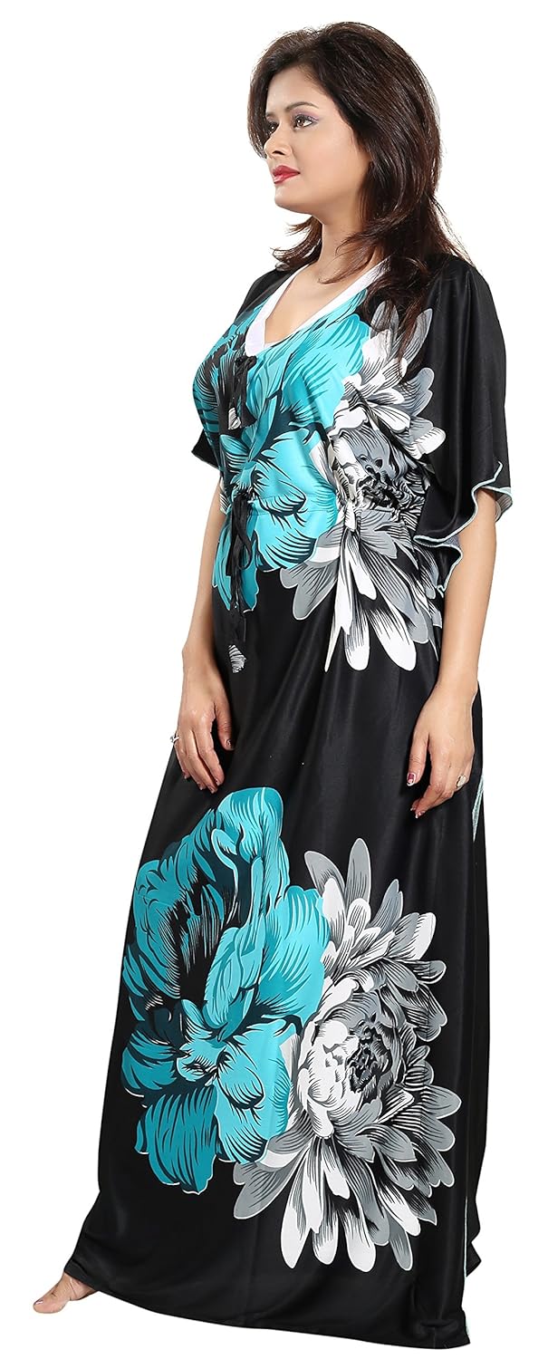 Noty Women's Kaftan Nighty | Serena Fabric | Floral Print Maxi | Short Sleeves | V Shaped Neck