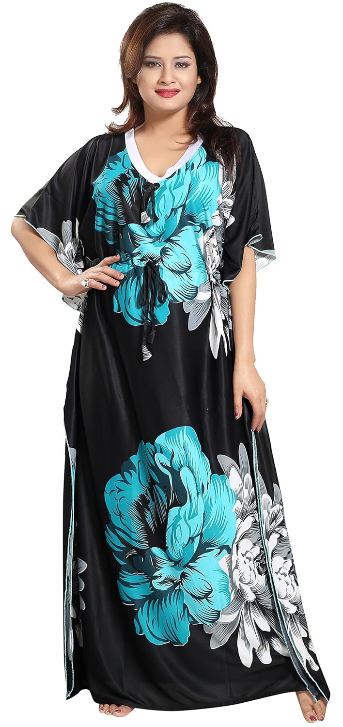 Noty Women’s Kaftan Nighty | Serena Fabric | Floral Print Maxi | Short Sleeves | V Shaped Neck