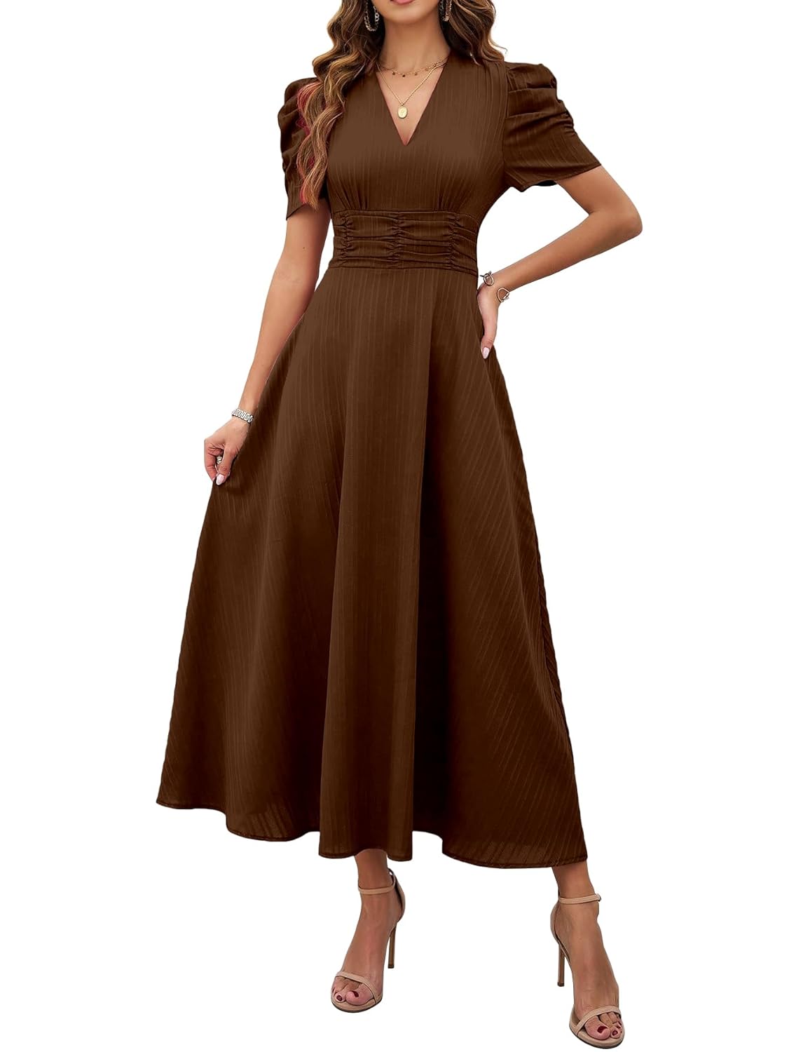 Shasmi Girl’s & Women’s Solid Color V-Neck A-Line Maxi Dress for Women | New Year Party Outfit | Waist Cinched Puff Sleeve Western Dress | Elegant Casual Wear (Dress 246)