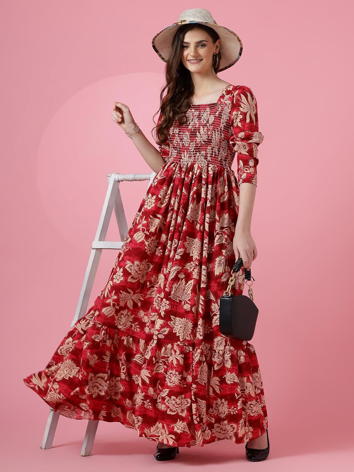 Sheetal Associates Crepe Women's Mix Floral Printed Grown with Regular Sleeves Full Lenth and Square Neck | Beach Tipe Dress