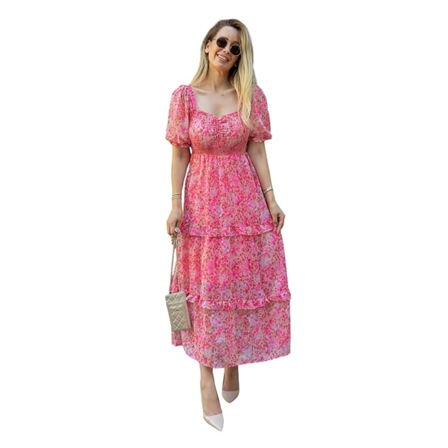 Sheetal Associates Women’s Floral Puff Sleeve High Waist A Line Flowy Long Dress