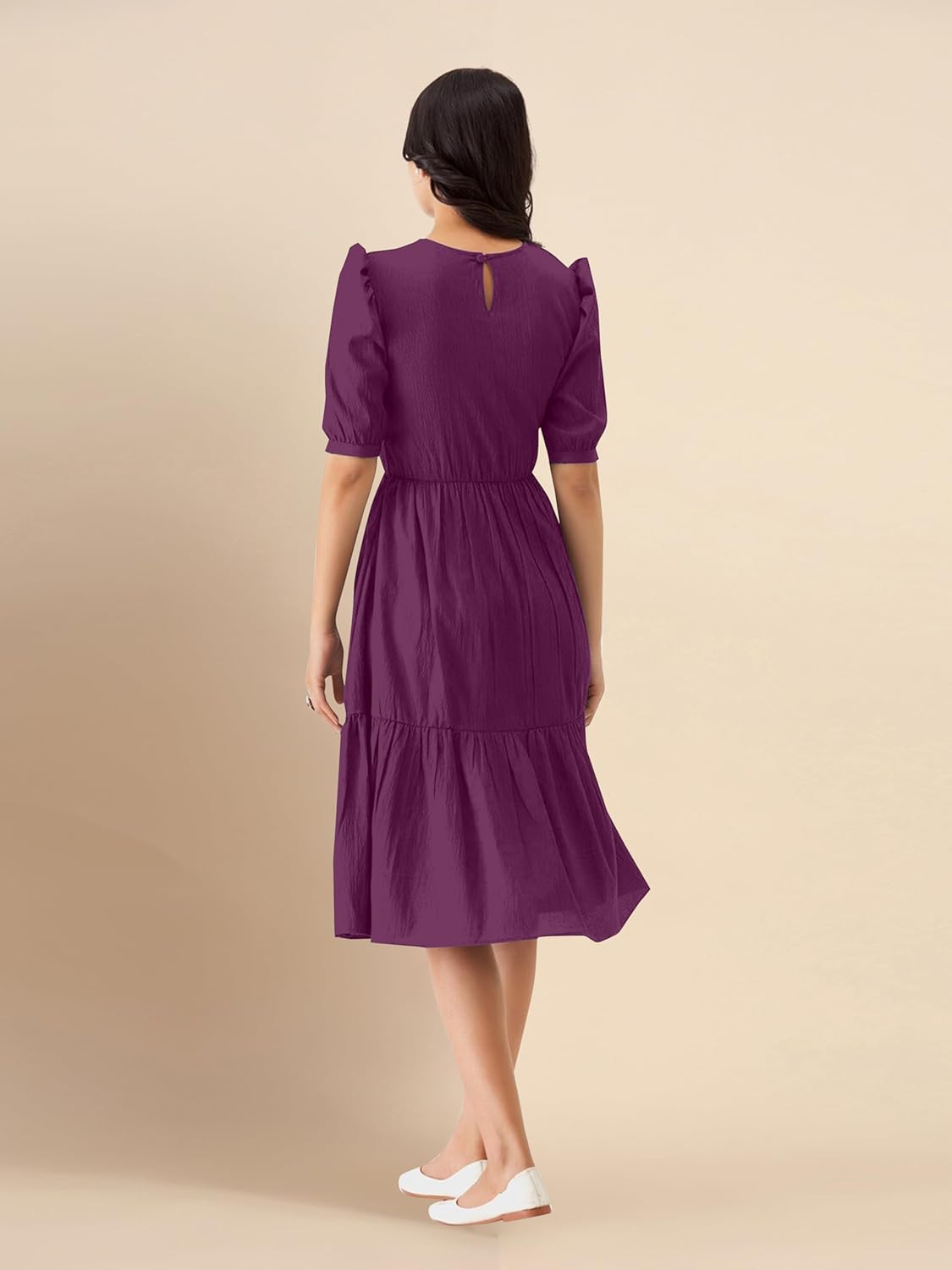 TRENDMALLS Dress for Women Cotton Blend Round Neck Half Puff Sleeve Flared Pleated Midi Western Dress