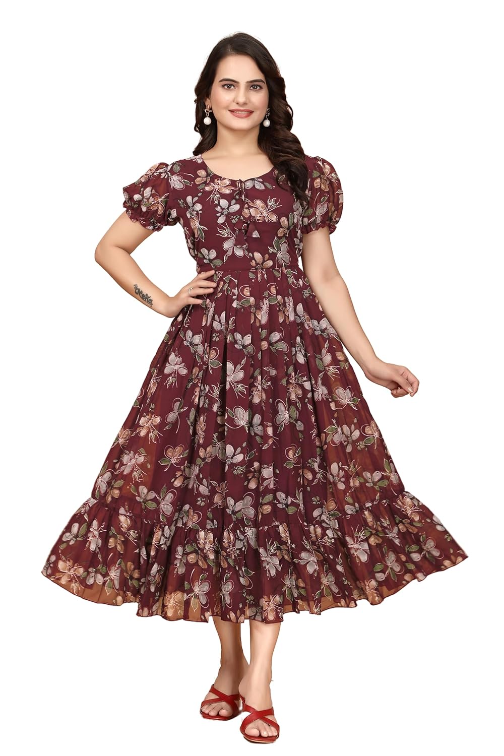 Women’s Georgette Dresses Floral Printed One Piece Stylish Long Maxi Western Frock Midi Dress for Women (Puffed Sleeves)